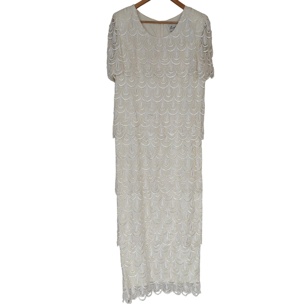 Michaelangelo Vintage Ivory Scalloped Lace Tiered Evening Gown Dress Womens 9/10